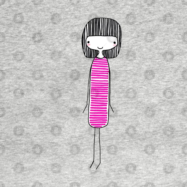 CUTE GIRL WITH BLACK HAIR IN PINK DRESS - Line Drawing by VegShop